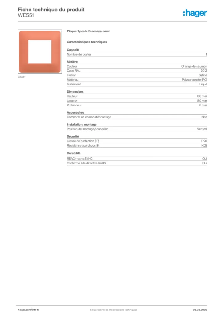 Image Hager Fiche technique du produit WE551 | Hager Afrique