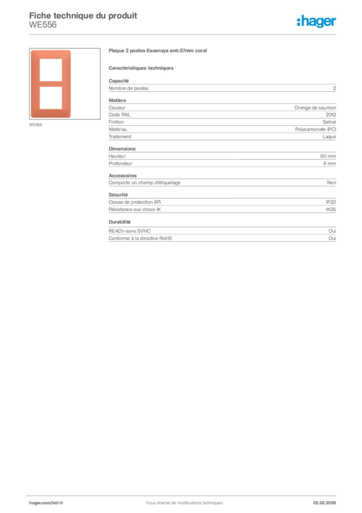 Image Hager Fiche technique du produit WE556 | Hager Afrique