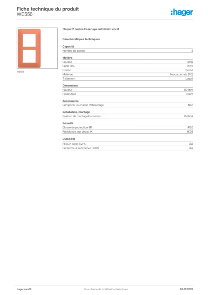 Image Hager Fiche technique du produit WE556 | Hager France