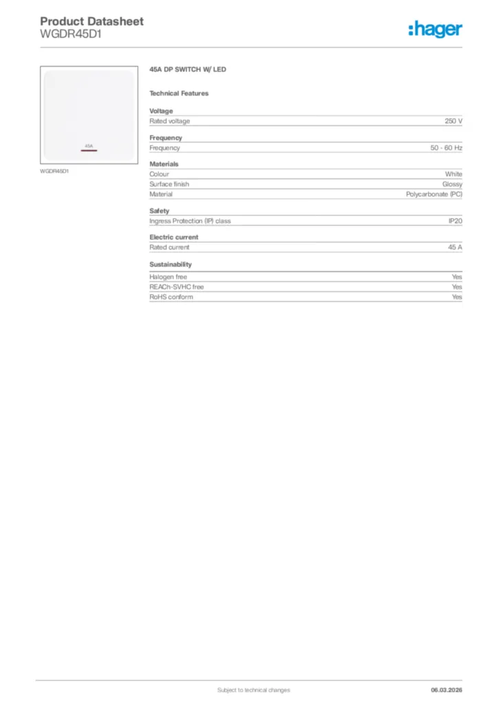 Image Hager Product data sheet WGDR45D1  | Hager Africa