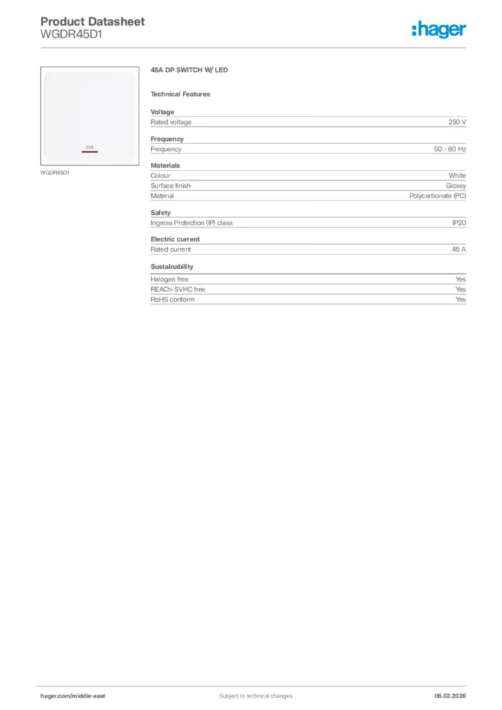 Image Hager Product data sheet WGDR45D1  | Hager