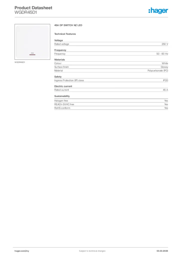 Image Hager Product data sheet WGDR45D1  | Hager