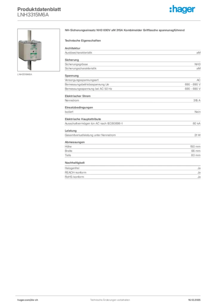 Bild Hager Produktdatenblatt LNH3315M6A | Hager Schweiz