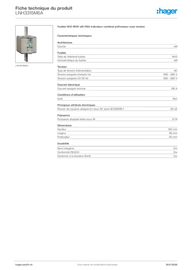 Image Hager Fiche technique du produit LNH3315M6A | Hager Suisse