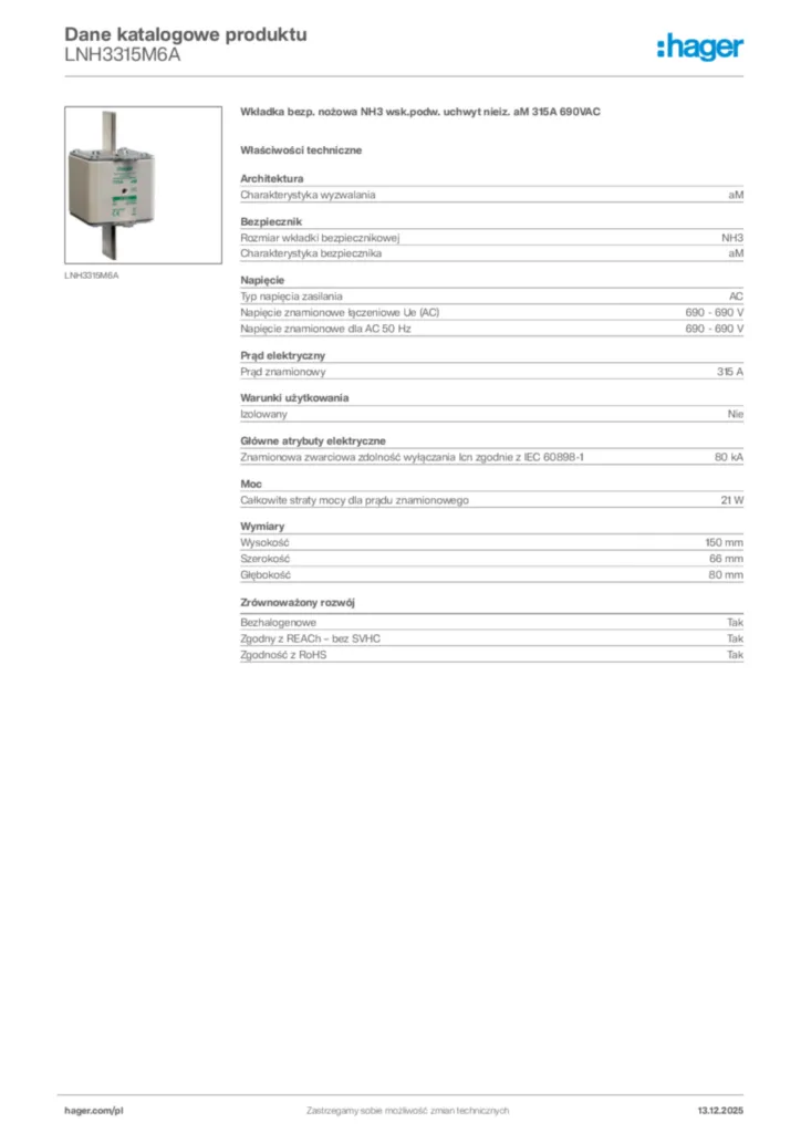 Zdjęcie Hager Karta katalogowa LNH3315M6A | Hager Polska