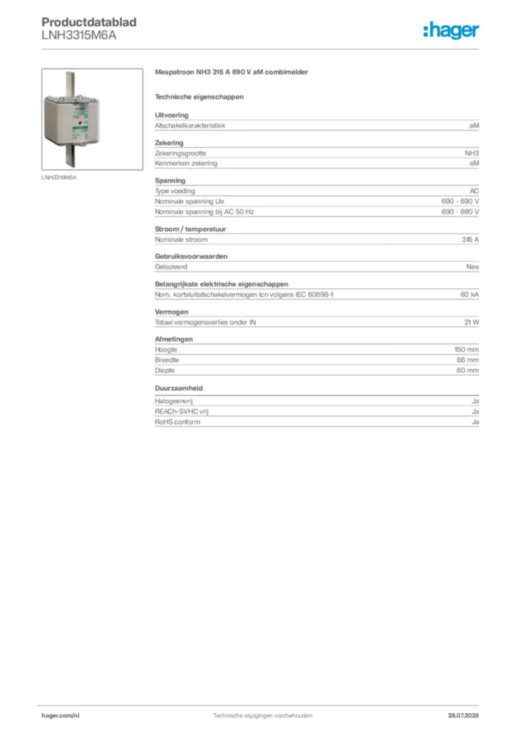 Afbeelding Hager Productdatablad LNH3315M6A | Hager Nederland