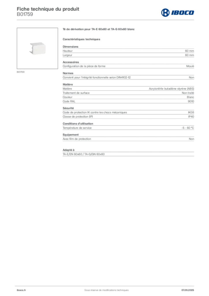 Image Iboco Fiche technique du produit B01759 | Hager France