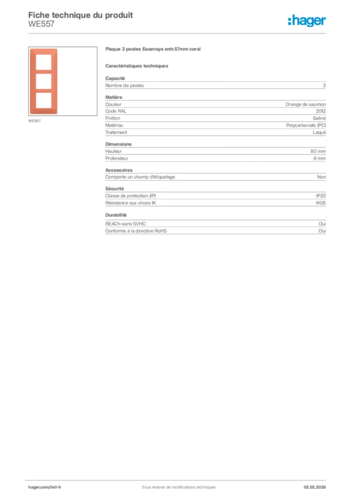 Image Hager Fiche technique du produit WE557 | Hager Afrique