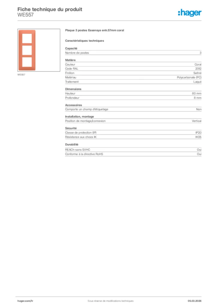 Image Hager Fiche technique du produit WE557 | Hager France