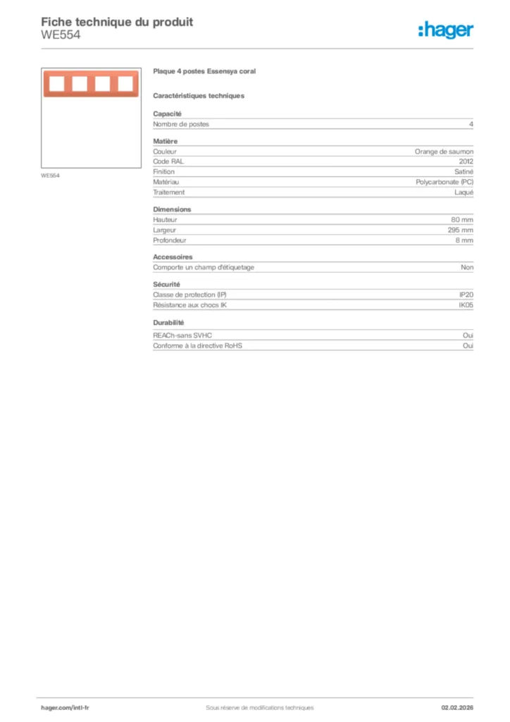 Image Hager Fiche technique du produit WE554 | Hager Afrique