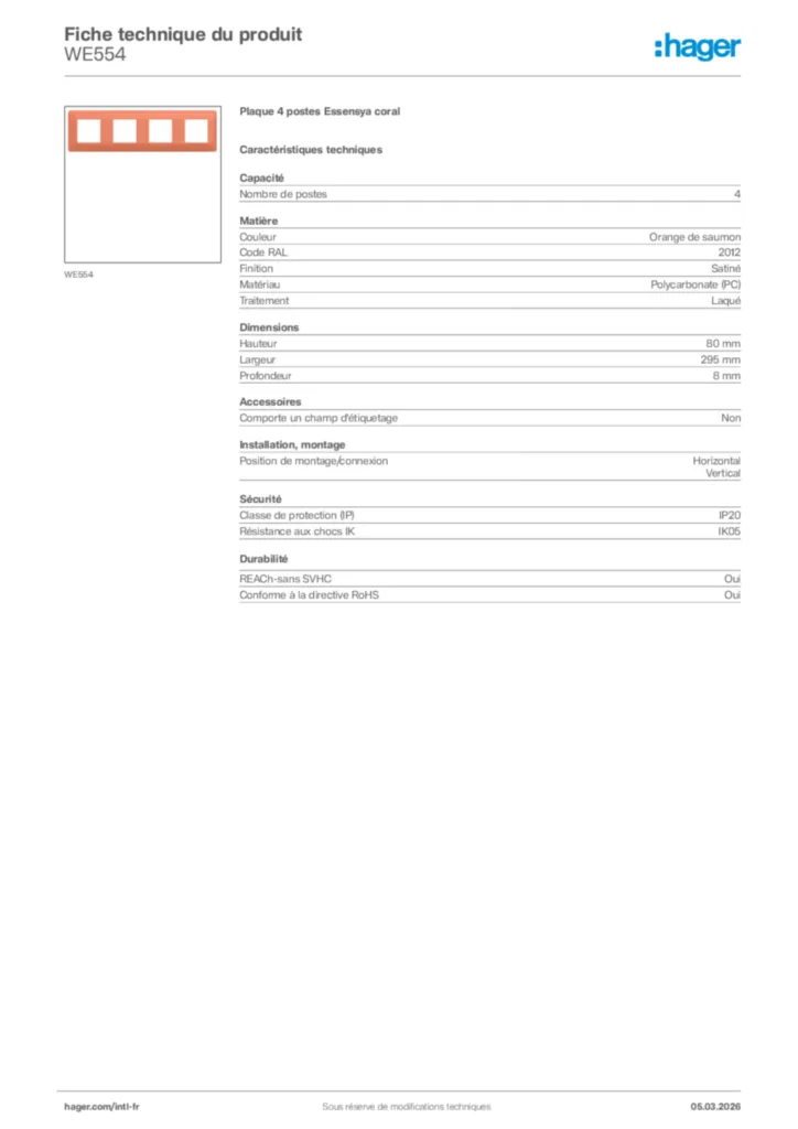 Image Hager Fiche technique du produit WE554 | Hager Afrique