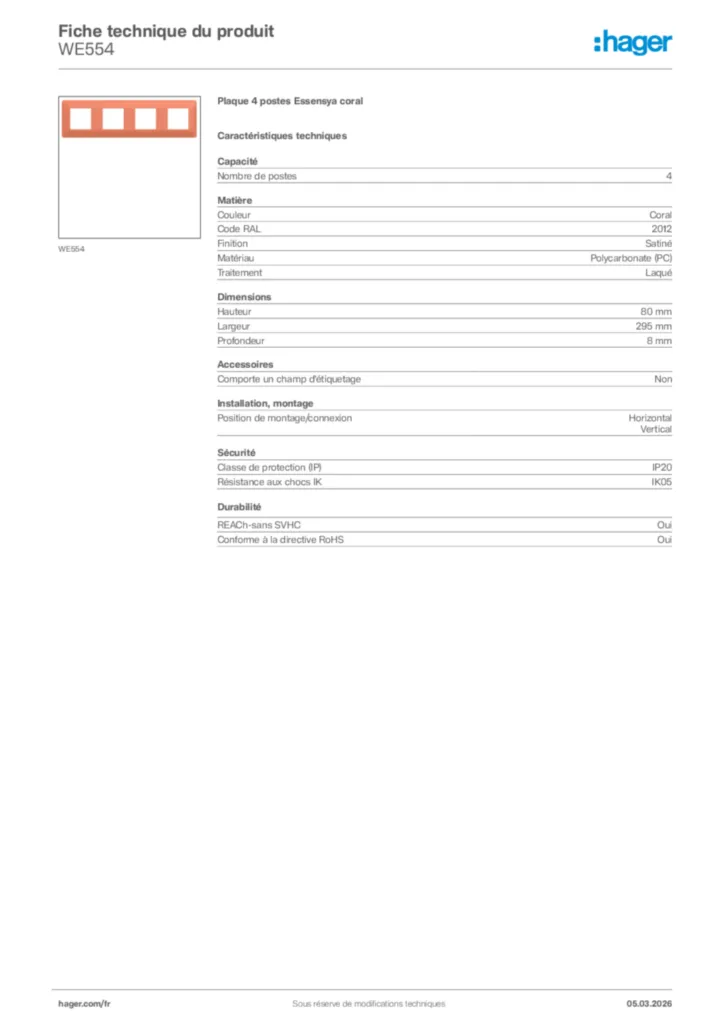 Image Hager Fiche technique du produit WE554 | Hager France