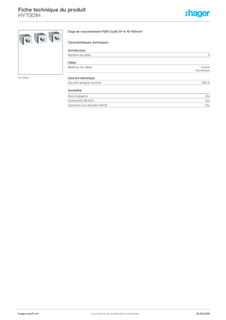 Image Hager Fiche technique du produit HYT001H | Hager Suisse