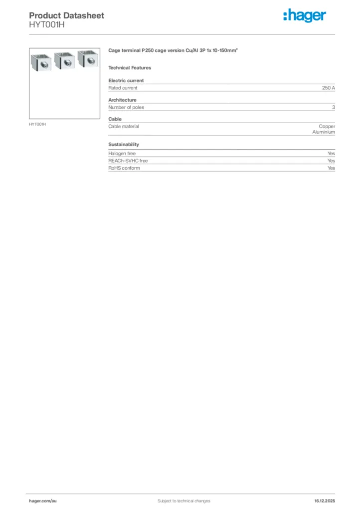 Image Hager Product data sheet HYT001H  | Hager Australia