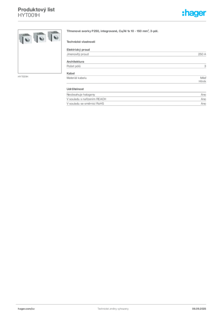 Obrázek Hager Produktový list HYT001H | Hager