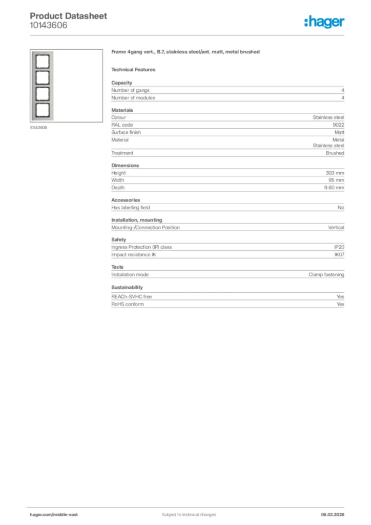 Image Hager Product data sheet 10143606  | Hager