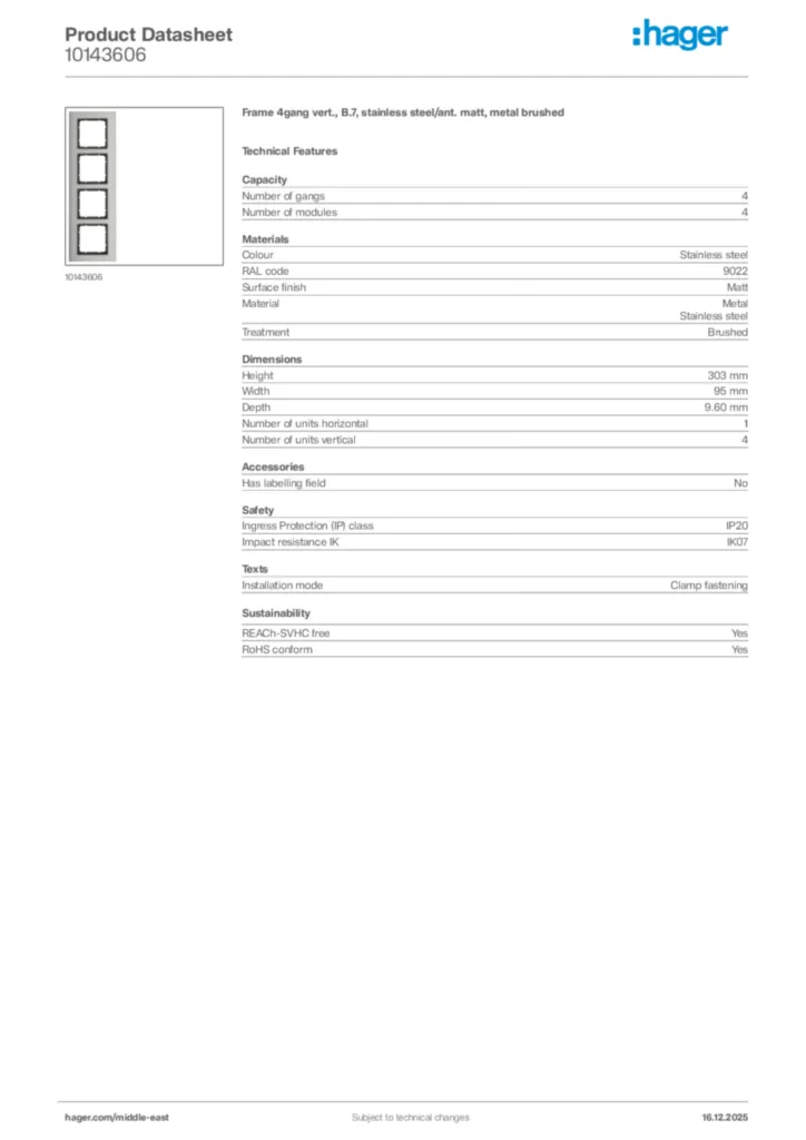 Image Hager Product data sheet 10143606  | Hager