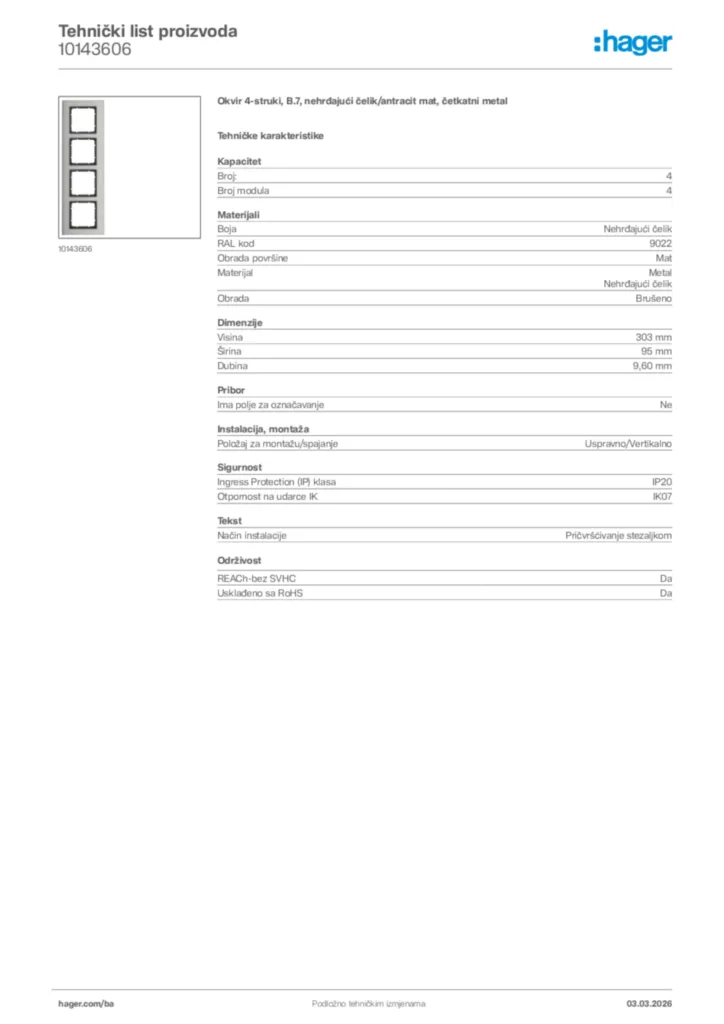 Slika Hager Tehnički list proizvoda 10143606  | Hager