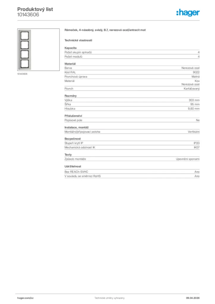 Obrázek Hager Product data sheet 10143606 | Hager