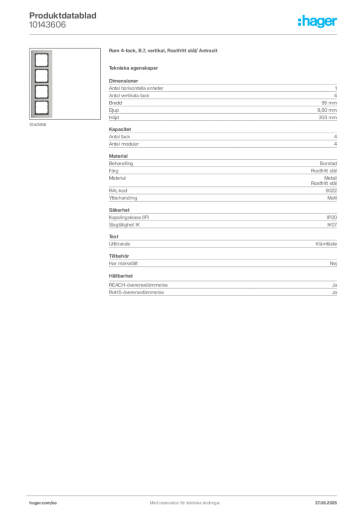 Bild Hager Produktdatablad 10143606 | Hager Sverige