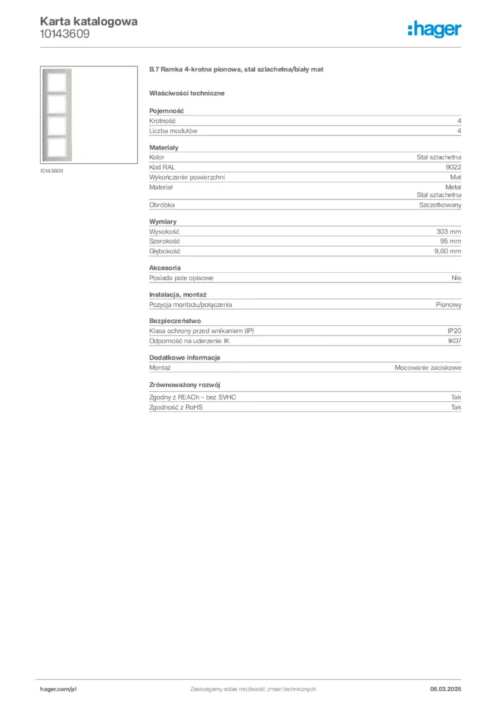 Zdjęcie Hager Karta katalogowa 10143609 | Hager Polska