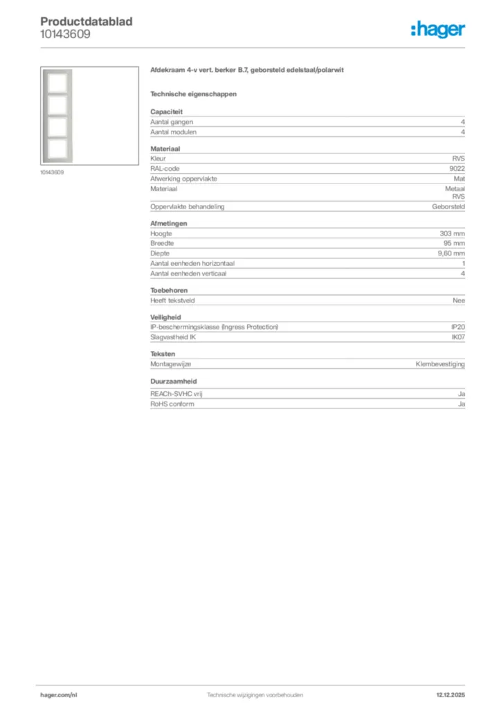 Afbeelding Hager Productdatablad 10143609 | Hager Nederland