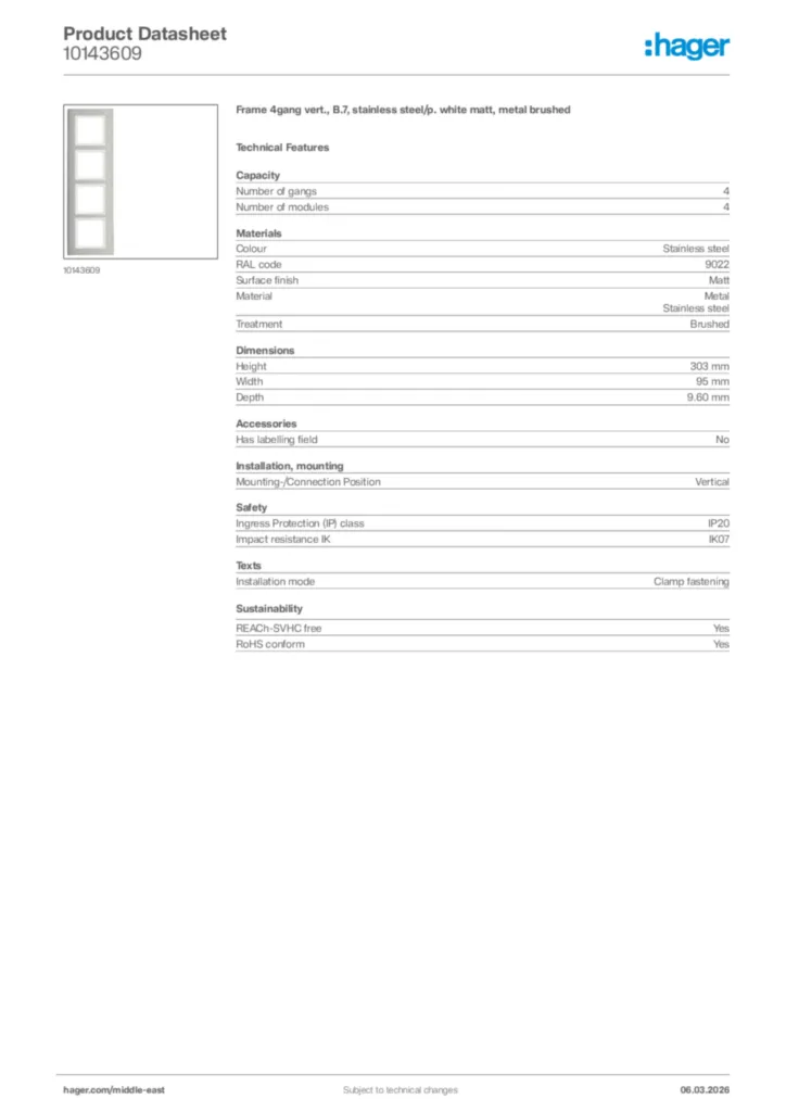 Image Hager Product data sheet 10143609  | Hager