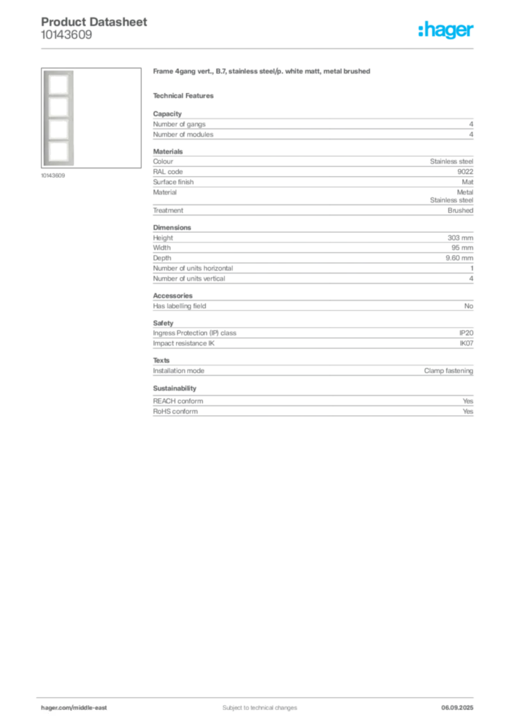 Image Hager Product data sheet 10143609  | Hager