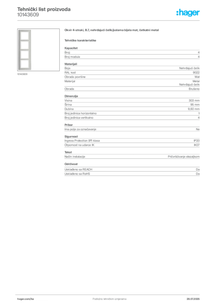 Slika Hager Product data sheet 10143609  | Hager