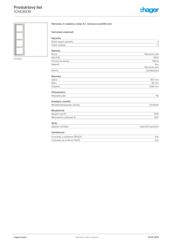 Obrázek Hager Product data sheet 10143609 | Hager