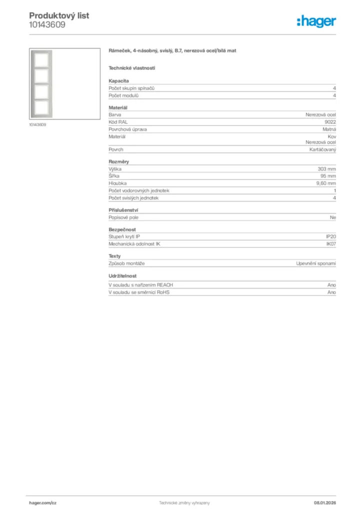 Obrázek Hager Product data sheet 10143609 | Hager