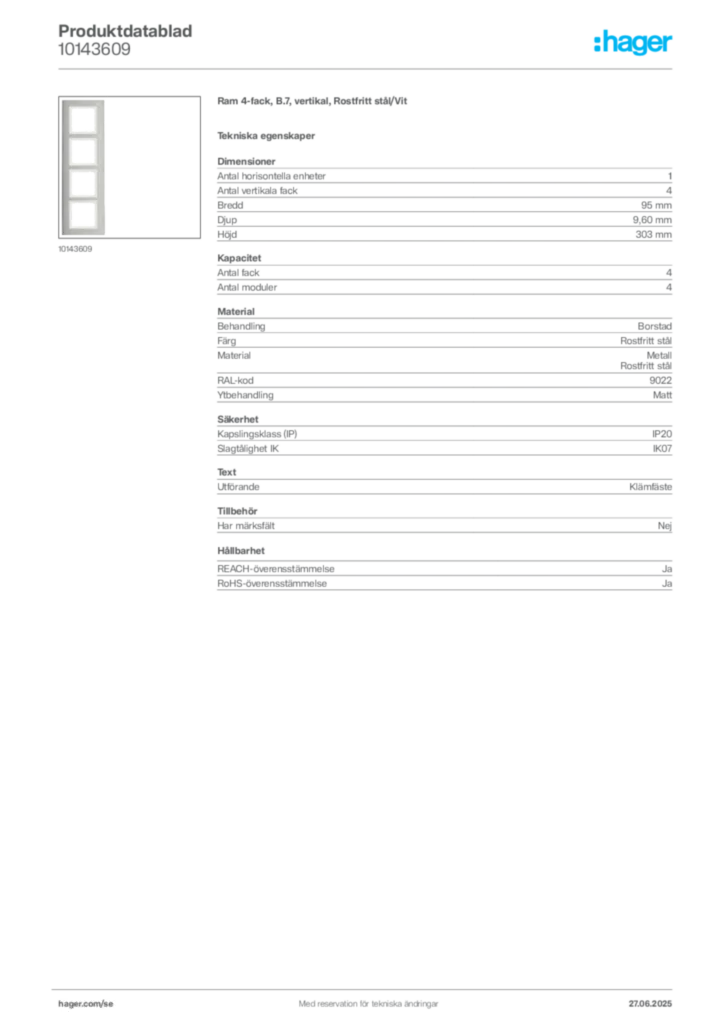 Bild Hager Produktdatablad 10143609 | Hager Sverige