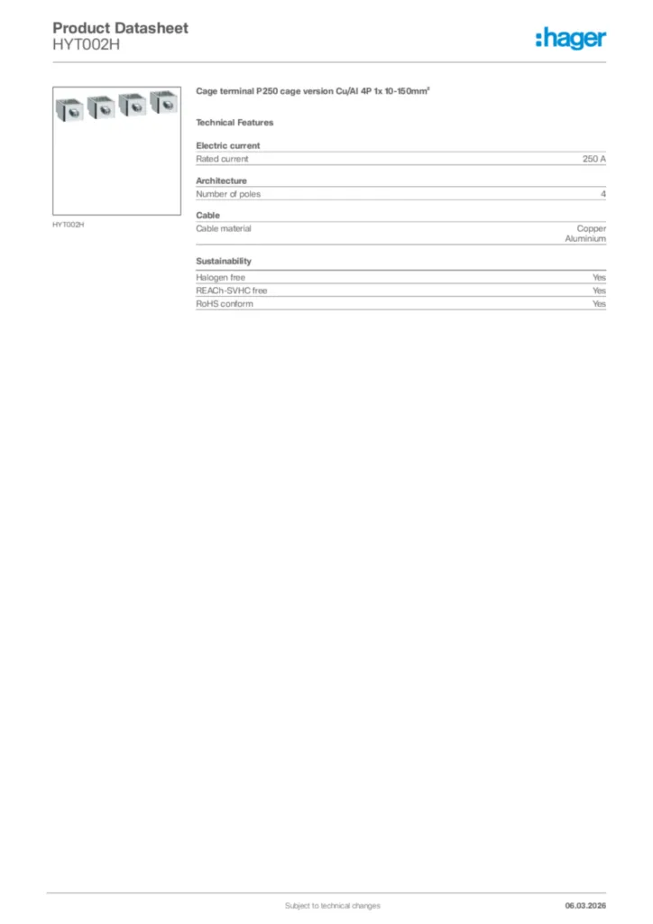 Image Hager Product data sheet HYT002H  | Hager Africa