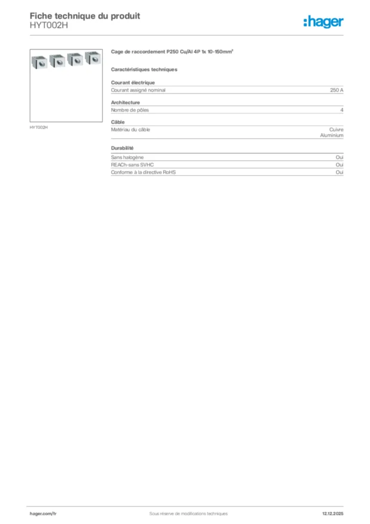 Image Hager Fiche technique du produit HYT002H | Hager France