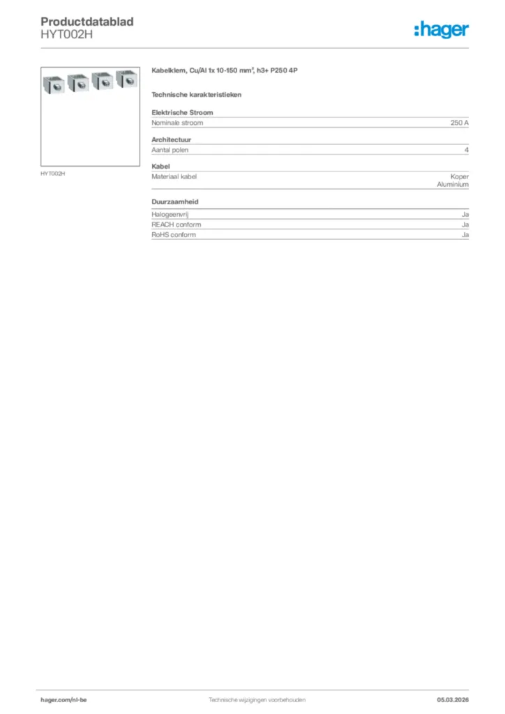 Afbeelding Hager Productdatablad HYT002H | Hager Belgium