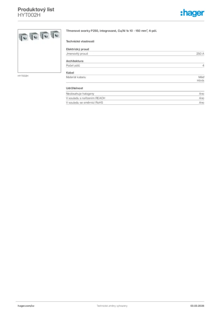 Obrázek Hager Product data sheet HYT002H | Hager