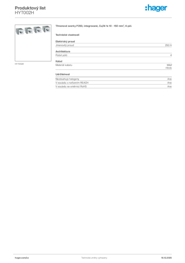 Obrázek Hager Produktový list HYT002H | Hager