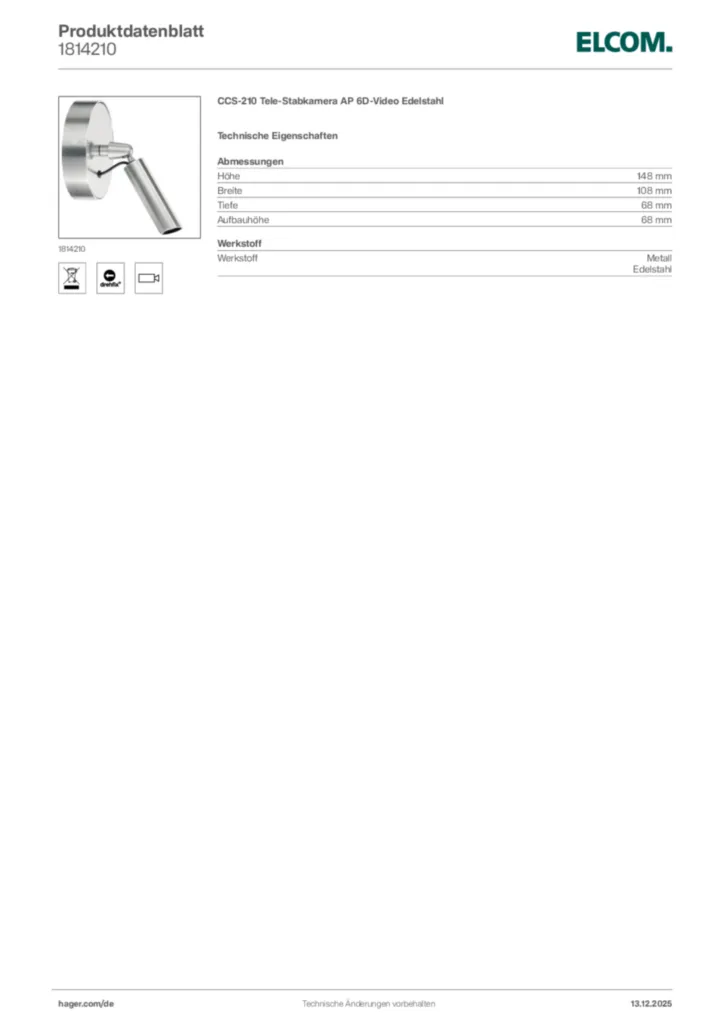 Bild Elcom Produktdatenblatt 1814210 | Hager Deutschland