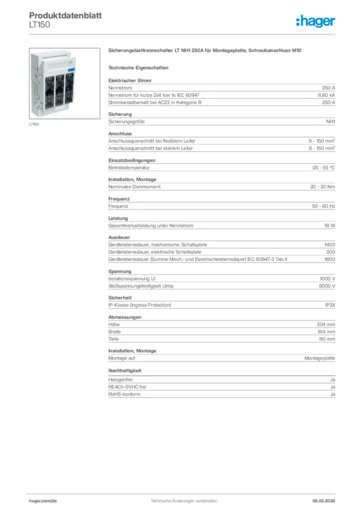 Bild Hager Produktdatenblatt LT150 | Hager Deutschland