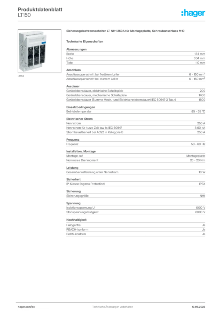 Bild Hager Produktdatenblatt LT150 | Hager Deutschland