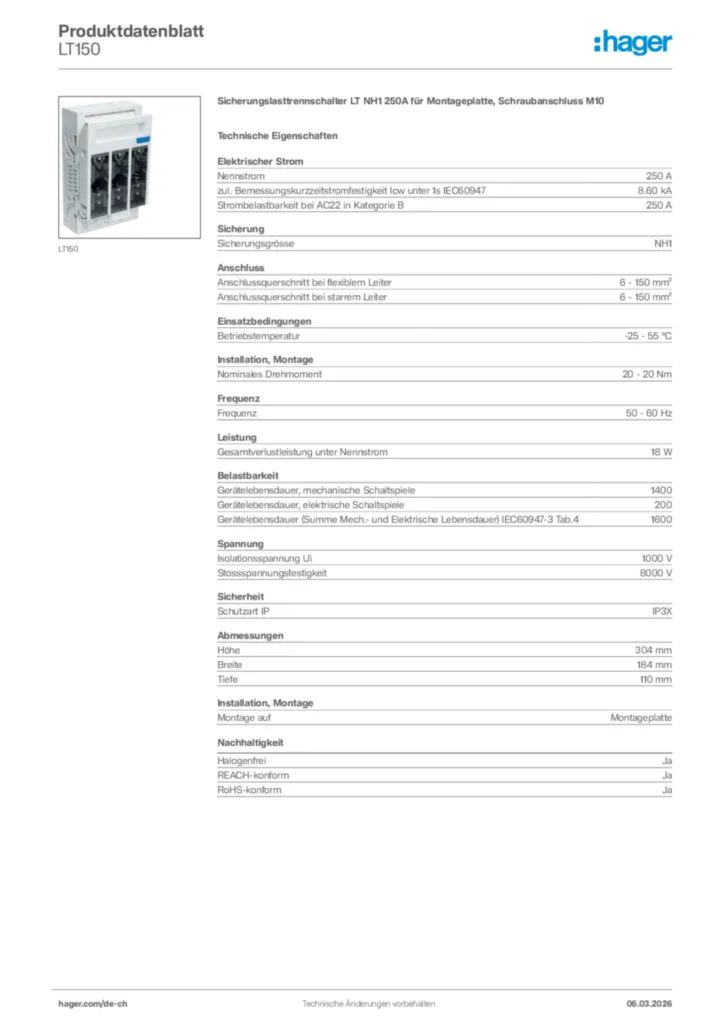 Bild Hager Produktdatenblatt LT150 | Hager Schweiz
