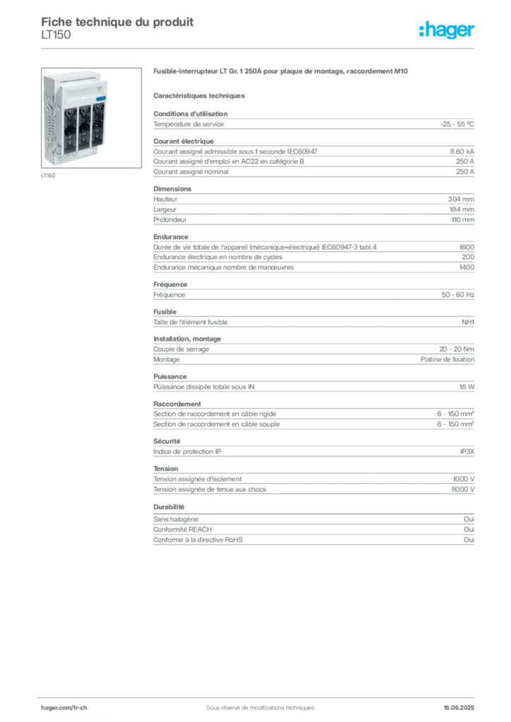 Image Hager Fiche technique du produit LT150 | Hager Suisse