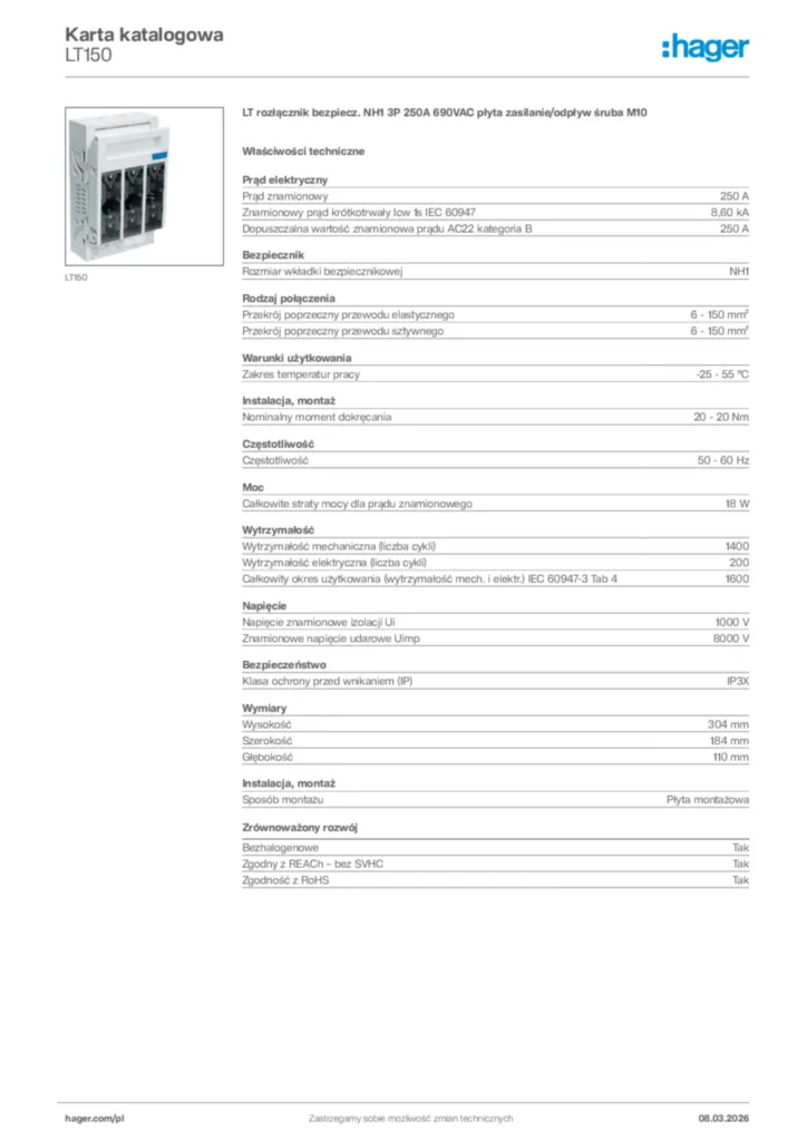 Zdjęcie Hager Karta katalogowa LT150 | Hager Polska