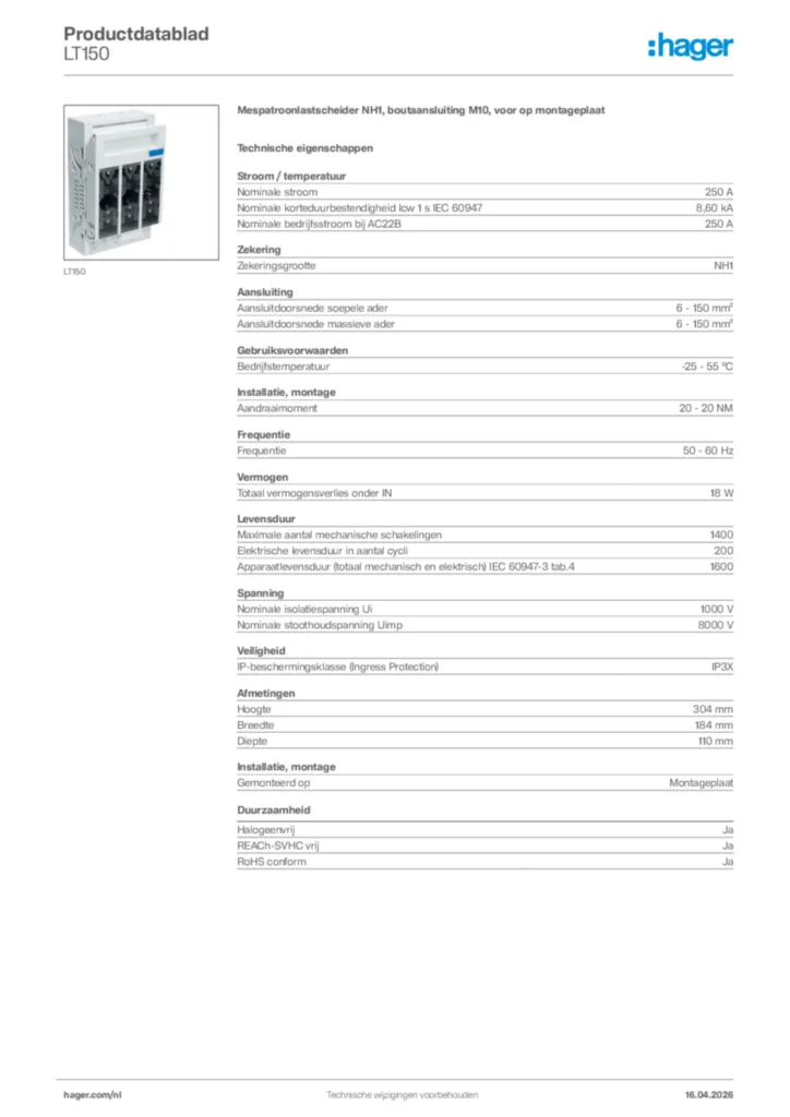 Afbeelding Hager Productdatablad LT150 | Hager Nederland
