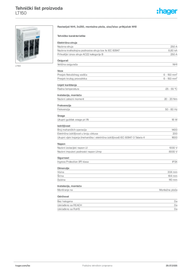 Slika Hager Product data sheet LT150  | Hager
