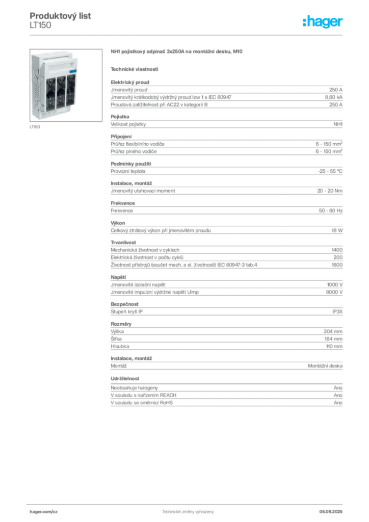 Obrázek Hager Produktový list LT150 | Hager