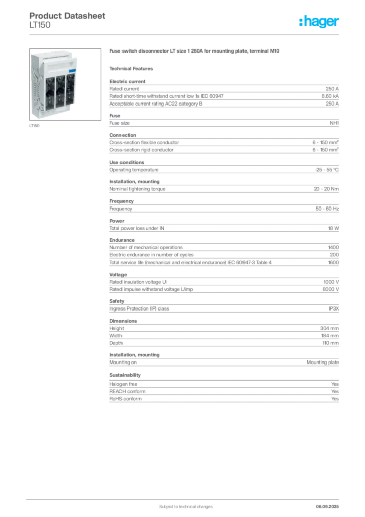 Image Hager Product data sheet LT150  | Hager