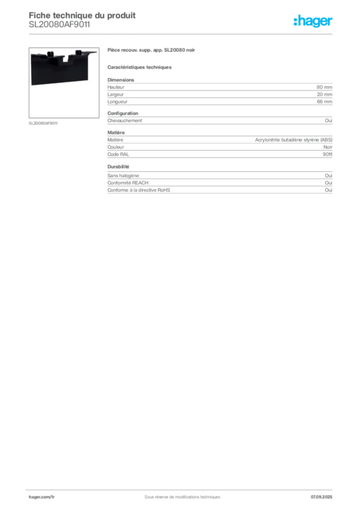 Image Hager Fiche technique du produit SL20080AF9011 | Hager France