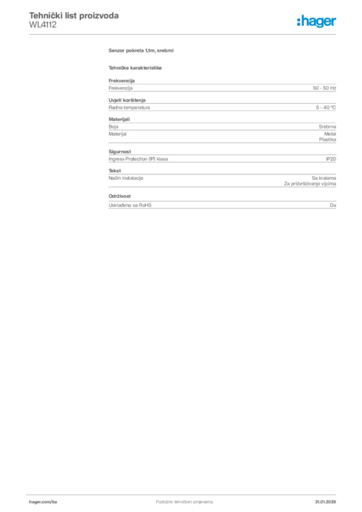 Slika Hager Product data sheet WL4112  | Hager