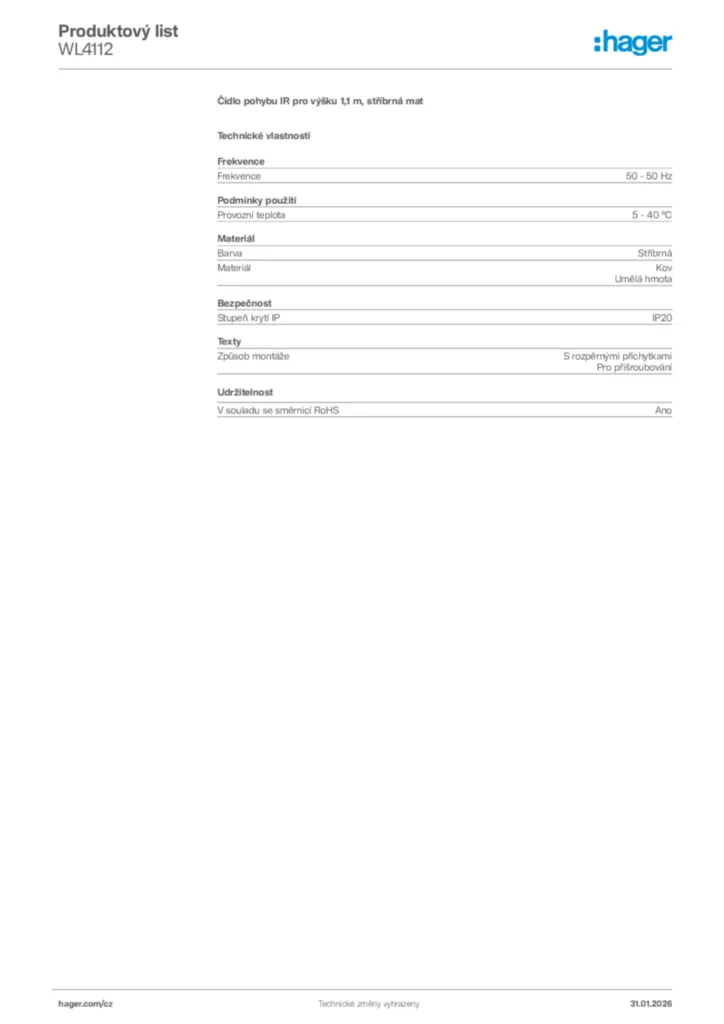 Obrázek Hager Product data sheet WL4112 | Hager